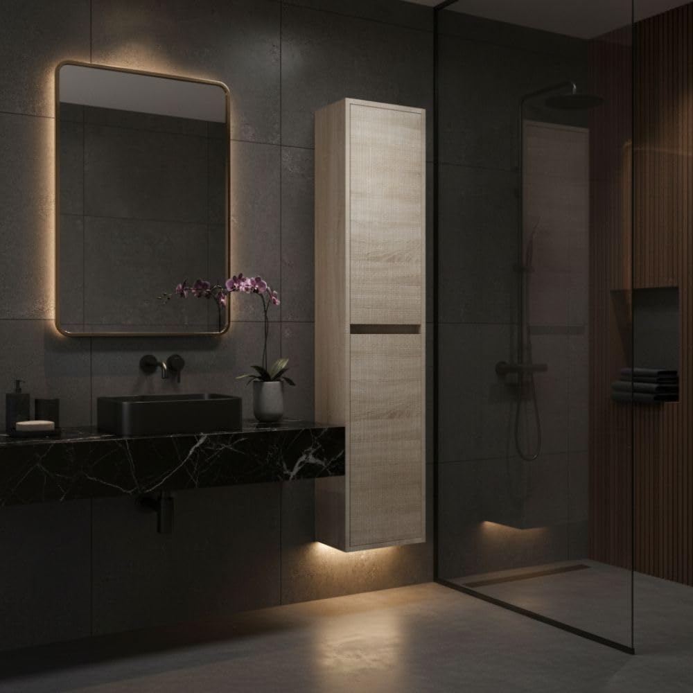Columna de baño suspendida 140 x 30 cm con 4 estantes cristal color roble claro Caledonia – Noja