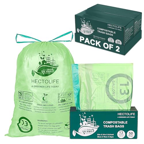 13 Gallon,100 Count, Compostable Trash Bags with Drawstring,Tear Resistant Kitchen Food Scrap Waste Bag, ASTM D6400, US BPI and Europe OK Compost Home Certified