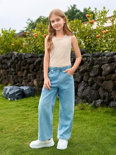 Image of Haloumoning Girls Tank Tops Kids Athletic Ribbed Knit Sleeveless Crop Tops Basic Camisole 5-14 Years