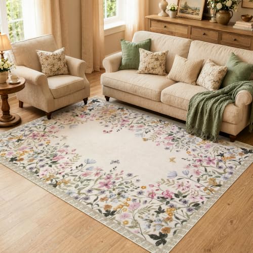 Image of Wonnitar 5x7 Area Rug for Living Room, Floral Washable Rug for Bedroom, Boho Botanical Nursery Rug, Non Slip Soft Farmhouse Carpet, Beige Kids Playroom Decor (5x7 Beige)