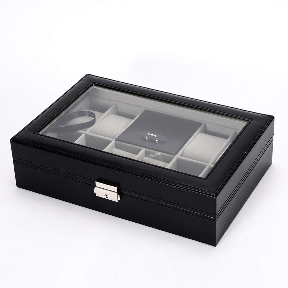 Aufbewahrungsbox für Uhrendisplays mit Glasdeckel und Ablage für Armbänder und Armreifen. Uhrenbox mit 8 Fächern. Aufbewahrungsbox für Schmuckuhren. Ideal für die Uhrenpräsentation im Schaufenster.