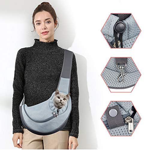 CUBY Pet Dog and Cat Sling Carrier Hands Free Breathable Mesh Adjustable Puppy Bag Travel Safe Sling Carrier for Small Dogs Cats (M, Grey)