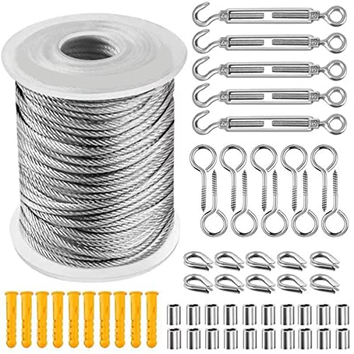 Image of WYIPOLZI 56 Pcs Wire Rope Kit, 30m x 2mm Vinyl Coated Steel Cable, 5 M5 Turnbuckle Tensioners, 20 Aluminum Ferrules, 10 Eye Screws for Fence, Railing, Garden Hanging