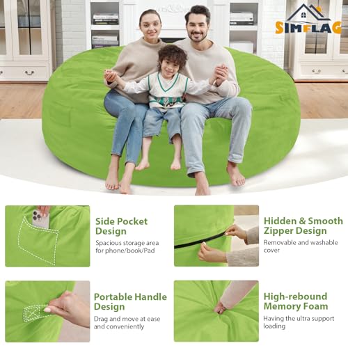 7FT Bean Bag Chair, Large Bean Bag Chairs with Memory Foam Filled, Fluffy Beanbag Sofa with Dutch Velvet Cover, Round BeanBag Chairs for Living Room, Playroom - Lime
