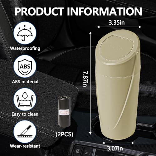 Image of Hovom Mini Car Trash Can with Lid, Portable Garbage Can for Car, Leakproof Cup Holder Automotive Garbage Bin with 2 Rolls of Trash Bags, Small Trash Storage Can for Car Home Office(Beige)