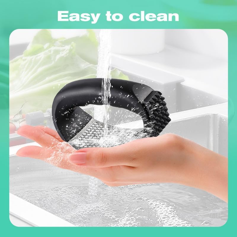 2026 New Upgraded Garlic Press Rocker, Stainless Steel Garlic Press, Garlic Crusher with Peeler and Cleaning Brush, Garlic Chopper for Crush Garlic Kitchen Gadgets (Black)