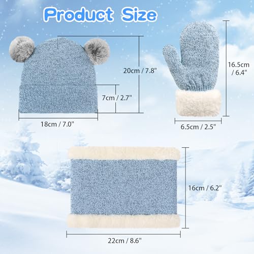 Kid Beanie Hat Scarf Gloves Set Warm Knit Beanie with Pom Poms Neck Warmer Mittens for Boys Girls 3-7 Years2