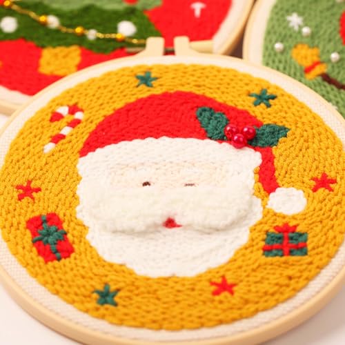 Image of Harimau 3pcs Beginner Embroidery Kit,Christmas Pattern,Punch Needle Kits, Including Stamped Embroidery Cloth with 3 Embroidery Hoops, Multicolor Color Threads for Embroidery Kit