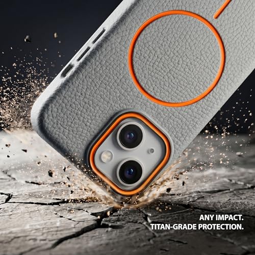 Image of amazon basics Luxury MagSafe Compatible Leather Texture Back Cover for iPhone 13 | Raised Camera Protection | Slim Fit Shockproof Case with Metallic Accents (Gray)