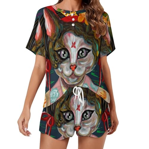 Ensemble pyjama chat japonais femme vêtement de nuit été léger manches courtes