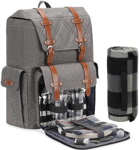 Picnic Backpack for 4 Person with Blanket and Cooler Bag, All-in-...