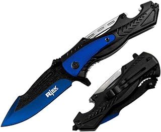 5" Tactical Bottle Opener Glass Break Easy Open Stainless Steel Pocket Folding Camping Knife (Blue) - Rtek