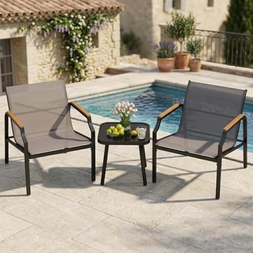 GOPLUS Salon de Jardin Exterieur 2 Personnes, Table Basse en Verre Trempé avec Chaises en Tissu,3 Pcs Salon de Bistro Extérieur Moderne pour Balcon, Jardin,...