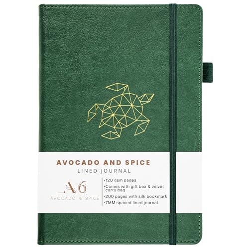 Small Notebook A6 by Avocado and Spice® - A6 Pocket Notepad with Gift Box & Velvet Bag – Small Notepad Hardback Lined Journal - Faux Leather with 200 Thick Page (Green, Lined)