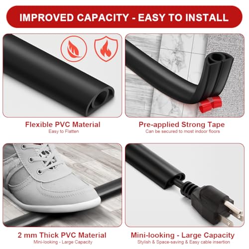 Image of Serplex PVC Cord Cover 6.6ft Self Adhesive Floor Cord Hider Wall Wire Holder Hider Cuttable Soft PVC Floor Cord Hider Flexible Wire Cover Reuseable Cord Cover Cord Guider