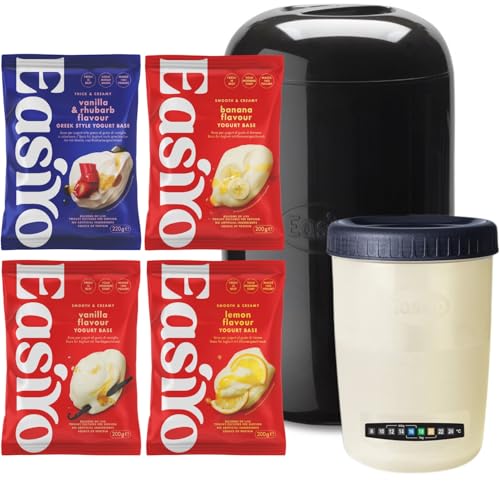 EasiYo Kit Iniziale con Yogurtiera Nera da 1kg | Include 4 Buste: Vaniglia, Limone, Banana e Vaniglia & Rabarbaro | Set Completo per Yogurt Fatto in Casa