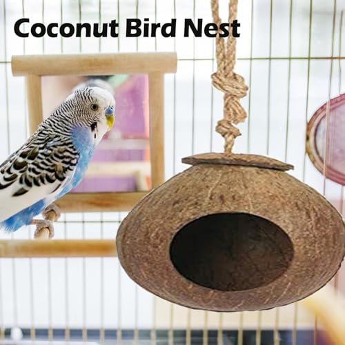 Image of Hanging Coconut for Birds,Bird Nest for Cage Parakeet Hideaway Budgie Hut House Sleeping Toys Pet Cage Habitats Decor for Parrot Cockatiel Conure Finch