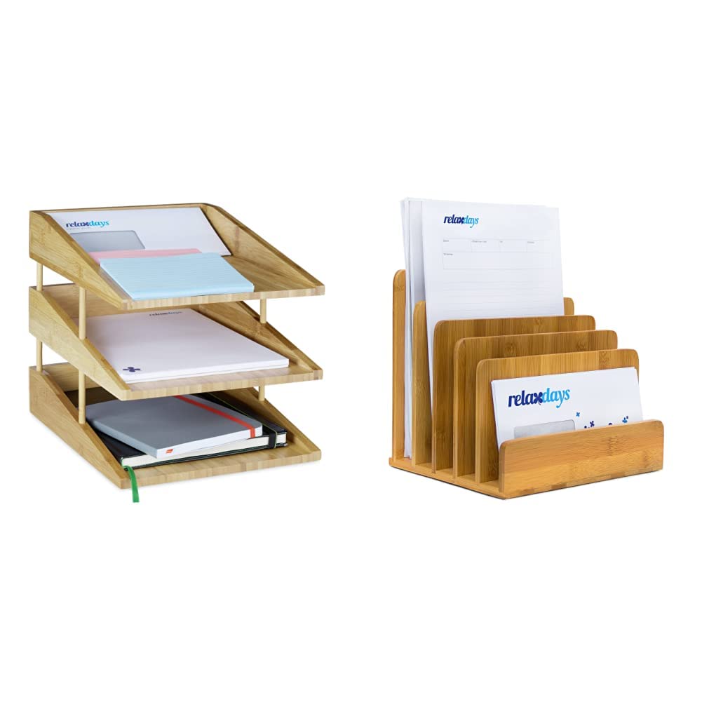 Relaxdays Dokumentenablage Bambus, 3 Ablagefächer, Stapelbar & Dokumentenhalter Bambus, 5 Fächer, Prospekte, Zeitschriften, Briefablage, HBT: ca. 23 x 24,5 x 20,5 cm, Natur, Braun, 1 Stück