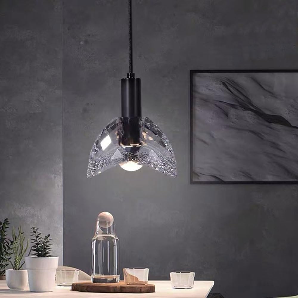 Duży kryształowy żyrandol, nowoczesna lampa wisząca, czarna lampa sufitowa z teksturowanym i fasetowanym przezroczystym szklanym kloszem, regulowane zawieszenie na wyspie kuchennej, jadalni, sypialni