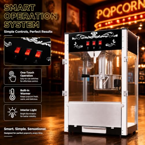 Image of 30oz Commercial Countertop Popcorn Machine Vintage Black for Home Party | Tabletop Pop Corn Maker Machine with 30oz Stainless Steel Kettle, Three-Button Control, Suitable for Christmas Home Theater