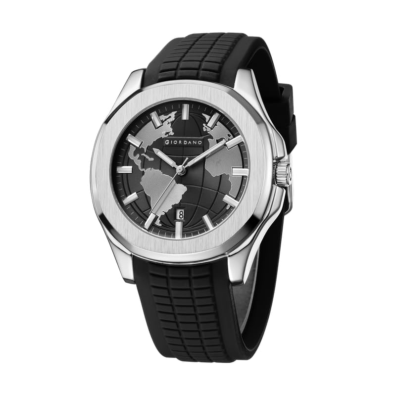 Image of Giordano Stylish World Map Design Analog Watch for Men with Silver Case Round Dial, Textured Silicone Strap, Water Resistant and Date Display Function - GZ-50147