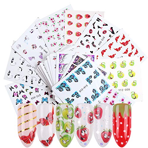 40 Sheets Butterfly Nail Stickers Water Transfer Nail Decals Flowers Butterfly Fruit Animals Feather Series Nail Art DIY Decals for Women Girls Fingernail Toenail Decoration Manicure Design