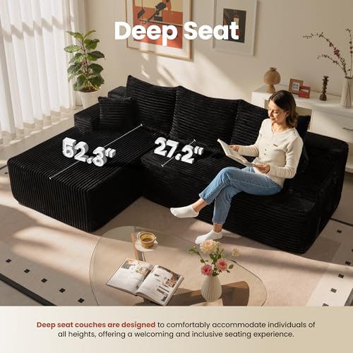 Image of ovios 96 inch Cloud Sectional Couch with L-Shape Chaise,Modern Modular Sofa with Deep Seat, Upholstered Couches for Living Room Bedroom,No Assembly Required, Black (Plush Corduroy Fabric)