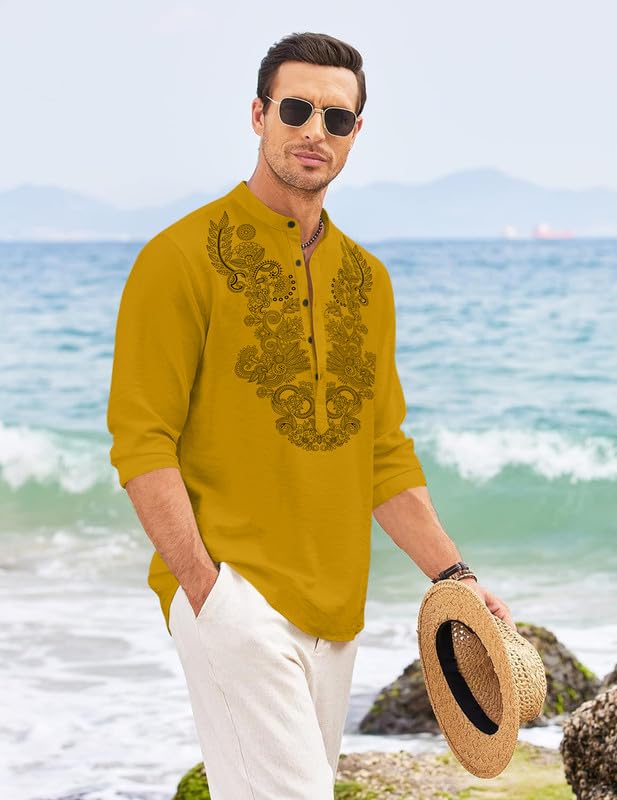 Image of FINIVO FASHION Men's Cotton Blend Short Kurta with Full Sleeves and Ethnic Neck Design | Casual Crinkle Texture Kurta with Mandarin Collar