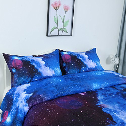 Uxcell Full/Queen Size Galaxy Dark Blue Comforter Set -3D Outer Space Themed Bedding- All-Season Down Alternative Quilted Duvet - Reversible Design- Includes 1 Comforter & 2 Pillowcases #TOP3