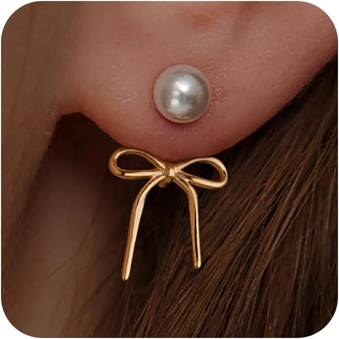 Risamil 14K Gold Plated/Silver Earrings for Women Trendy, Dainty Bow Earrings for Women Cute Pearl Huggie Earring Hoops Twist Rope Bow Stud Pearl Dangle Cubic Zirconia Earrings Jewelry Gifts