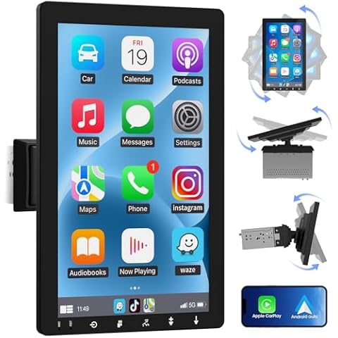 Single Din 10.1-inch CarPlay Touchscreen - Rotatable Wireless Android Auto Car Stereo - Bluetooth Phonelink GPS Navigation WiFi Dual USB AM FM Radio Backup Camera Input 2G+64G Cover