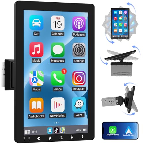 Single Din 10.1-inch CarPlay Touchscreen - Rotatable Wireless Android Auto Car Stereo - Bluetooth Phonelink GPS Navigation WiFi Dual USB AM FM Radio Backup Camera Input 2G+64G
