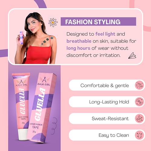 Image of Gluella Body Glue for Clothes & Skin for Women (20g) | Dermatologically Tested, Sweatproof, Skin-Friendly, Paraben-Free, Toxin-Free | Invisible Liquid Fashion Tape For Dresses, Necklines & Jewellery