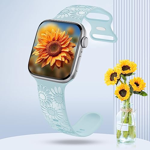 Image of Sunflower Engraved Band Compatible with Apple Watch Bands 38mm 40mm 41mm 42mm 44mm 45mm 49mm Women, Designer Soft Glossy Floral Silicone Strap for iWatch Series Ultra 11 10 9 8 7 6 SE 5 4 3 2 1