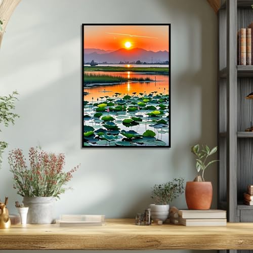 Image of Diamond Art Kits for Adults Landscape, 5D DIY Diamond Painting Kits for Adults Beginners, Lotus Pond Sunset Diamond Dots Full Drill Crafts for Gem Art for Relaxing Home Wall Decor 12x16 inch