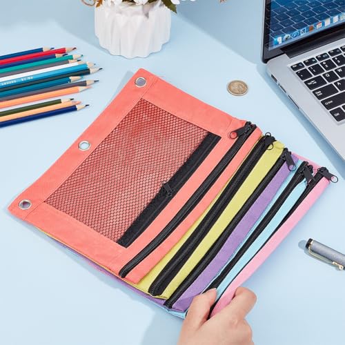 CRASPIRE 5Pcs Pencil Pouches Zippered for 3 Ring Binder with Smooth 5 Colors Zippers Dual-Pockets Mesh Window Pencil Case Cosmetic Bag Organizer for Storing Classroom Office Home Stationery Supplies - Image 3