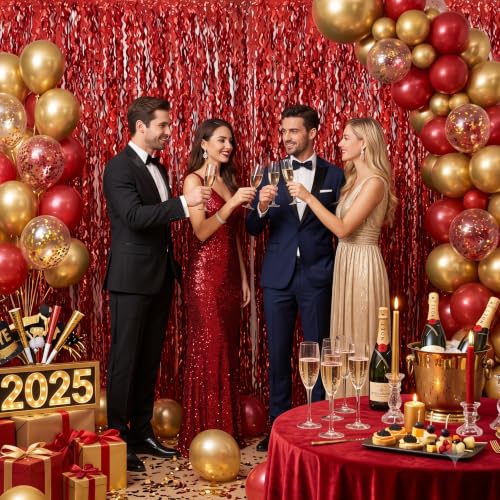 Image of TONIFUL 2Pcs Wavy Red Metallic Tinsel Foil Fringe Curtain Laser Streamers | 3.3ftx6.6ft Photo Booth Backdrop Tinsel Streamer Curtain, Props for Bachelorette Birthday New Year Graduation Christmas Decor