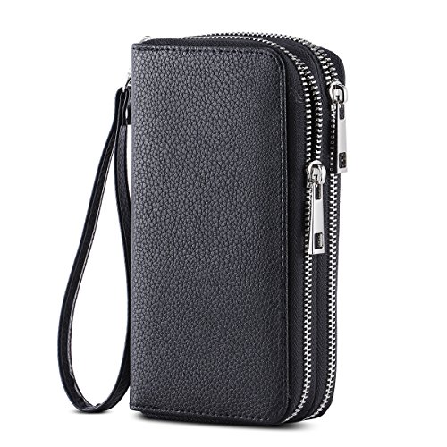 HAWEE Cellphone Wallet Dual Zipper Wristlet Purse with Credit Card Case/Coin Pouch/Smart Phone Pocket Soft Leather for Women or Lady, Black-Lichi
