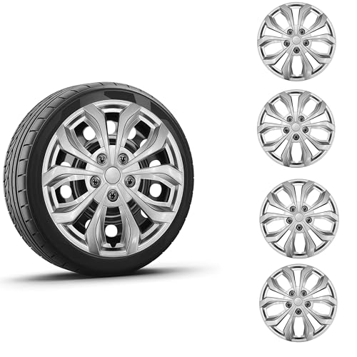 Tulamotoren Universelle Radkappen 4er-Set kompatibel mit Stahlfelgen Snap-On-Design strapazierfähiges PP-Material mit verstellbarem Stahl-Sicherungsring (Silber 17 Zoll)