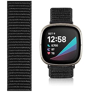 Niboow Armband Kompatibel mit Fitbit Versa 3/Sense, Männer und Frauen Nylon Solo Loop Armbänder, Einstellbar Sport Ersatzband Armband Kompatibel mit Fitbit Versa 3/Sense-Schwarz