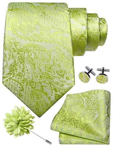 GUSLESON Mens Lime Green Tie Set for Wedding Silk Paisley Necktie Pocket Square Cufflinks and Lapel Pin Brooch Set (6114-41)