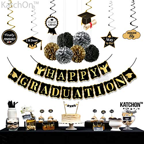 Image of KatchOn, Happy Graduation Banner Set - Pack of 19, No DIY | Graduation Backdrop, Swirls, Pompoms for Graduation Decorations Class of 2026 | Black and Gold Graduation Decorations 2026