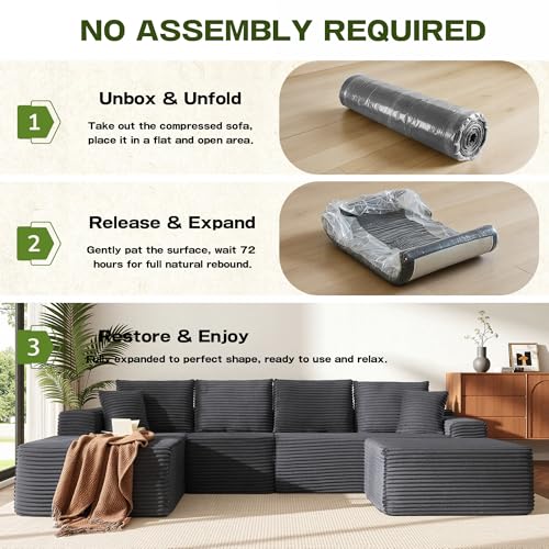 Image of 96 inch Sectional Couches for Living Room Cloud Couch Sofa with L-Shape Upholstered Boneless Couchs Modern Modular Sectional Couch with Chaise (Dark Grey, 136.1 inch U Shape with Left Facing Chaise)