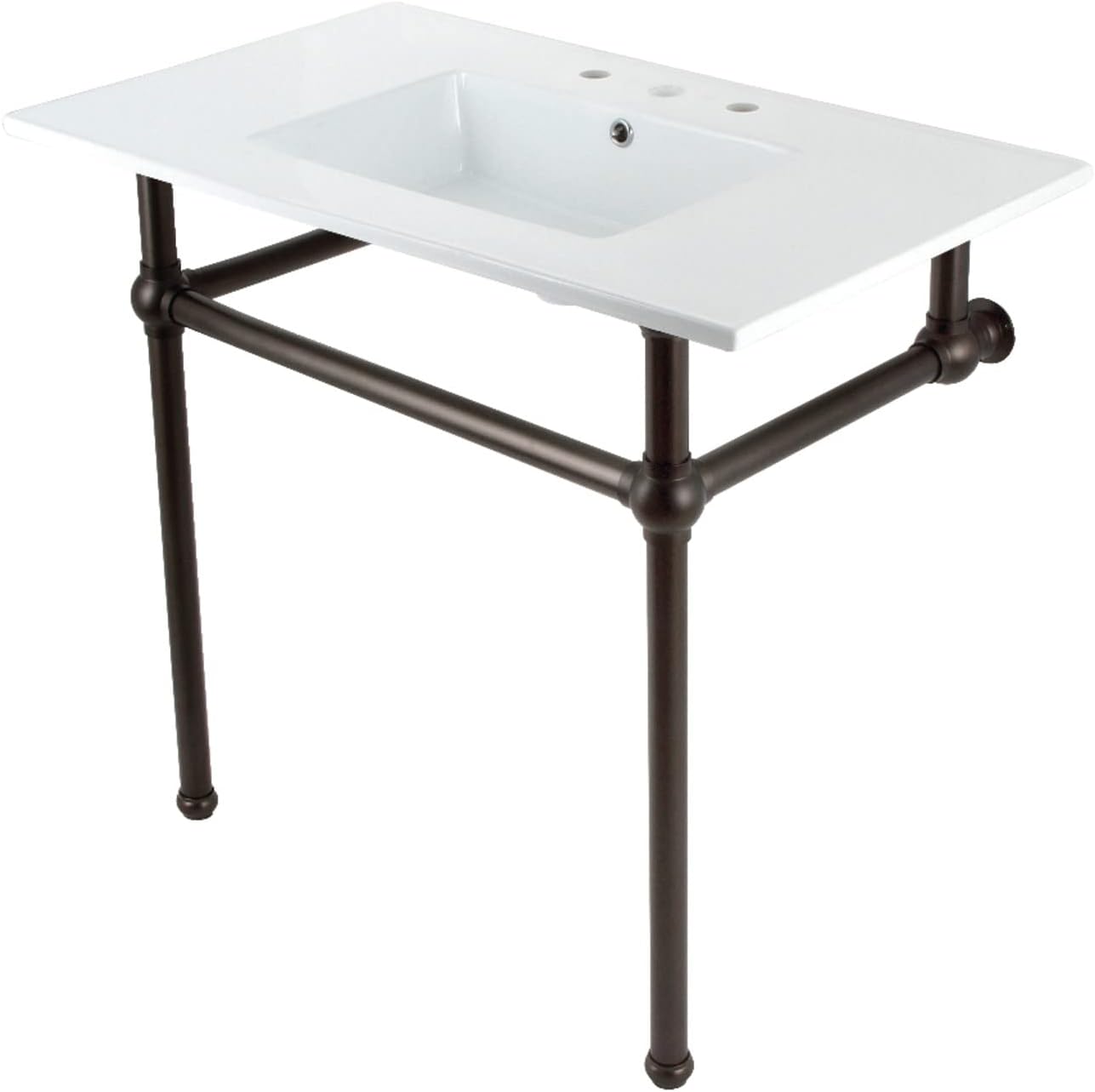 Kingston Brass KVBH37227W8ORB Addington 37" Console Sink with Brass Legs (8-Inch, 3 Hole), White/Oil Rubbed Bronze