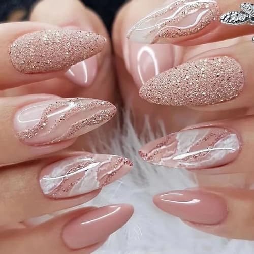 AkiliBIELY Almond Medium Pink White Marble Glitter Curve Press On Nails, 24 Count, Set of 24, 0.04 Ounce, Pink, Almond Shape, Full Coverage, False Nails, Wedding & Birthday Party, Glue Included