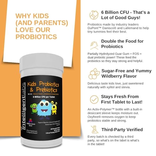 Intelligent Labs Kids/Children Probiotics 6 Billion CFU with Prebiotics, PHGG & FOS, Once-Daily Chewable, Great Taste, 10x Effectiveness, 60-Day Supply, Third-Party Verified