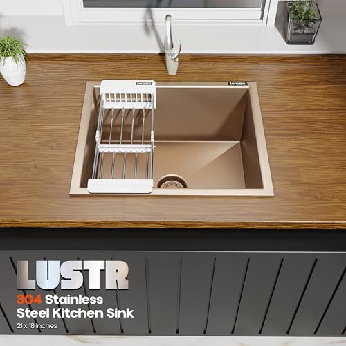 Image of Lustr Kitchen Sink 21x18 Inch - Copper | SS 304 Stainless Steel Kitchen Sink Single Bowl | Handmade Steel Sink for Kitchen with Strainer, Waste Pipe & Coupling | 20-Year Warranty