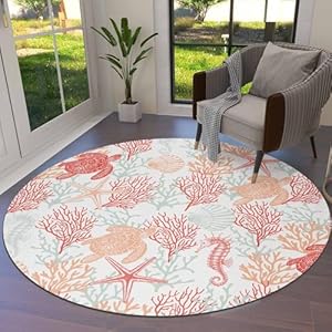 Red Orange Coastal Round Area Rugs 5ft – Area Rug for Kids Room, Sea Turtle Nautical Coral Summer Beach Washable Living Room Circle Rugs, Non-Shedding Residential Bedroom Carpet Floor Mat