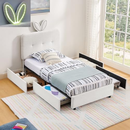 Image of Twin Led Bed Frame with 4 Storage Drawer, Upholstered Platform Floor Bed with Rabbit Ear Headboard Daybed Strong Wooden Slats No Box Spring Needed for Kids Girls Boys, Beige
