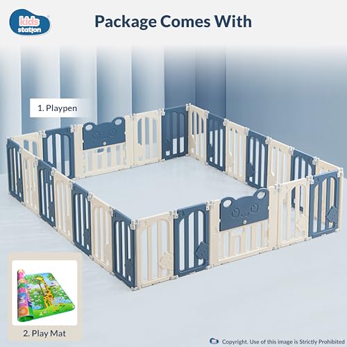 Image of Kids Station Little Bear Blue Baby Playpen with Playmat & 20 Colourful Balls Included, Safety Play Yard for Toddlers & Babies, Anti-Slip, Indoor /Outdoor, 150 x 180 cm